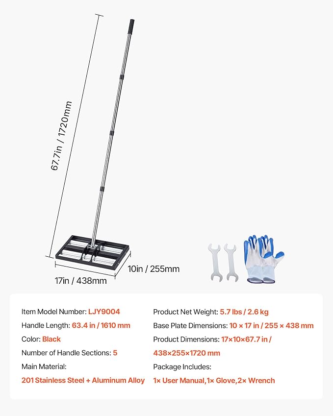 VEVOR Updated Lawn Leveling Rake with Roller, 17" x 10" Stainless Steel Lawn Leveler with 63.4" Adjustable Handle, Heavy Duty Yard Leveling Rake, Effort Saving Lawn Leveling Tool for Yard Golf Court