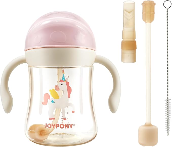 Joypony Sippy Cups for Toddlers 1-3, Spill Proof Weighted Straw Cup with Handle for Baby 6 Months + old, 2 Silicone Straws, PPSU, BPA Free, 9 oz (Pink)