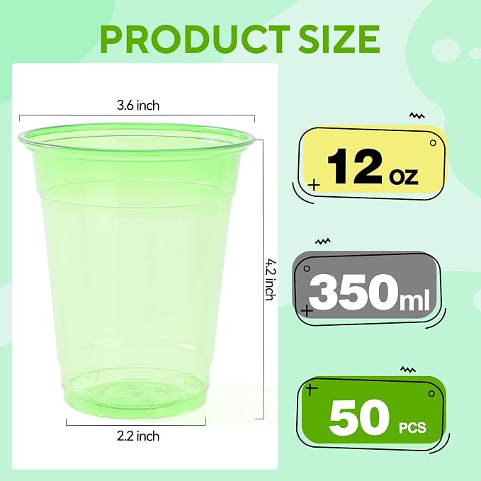 50 Pack Green Clear Plastic Cups 12 oz Disposable Drinking Cups for Wedding Green Birthday Party Supplies
