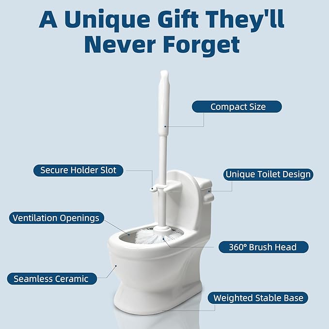 Novelty Toilet Brush Holder, Mini Toilet Shaped Ceramic Bathroom Decor with Self-Draining Base & Brush - Unique Funny Gift for Home, Office Desk Organizer (White)