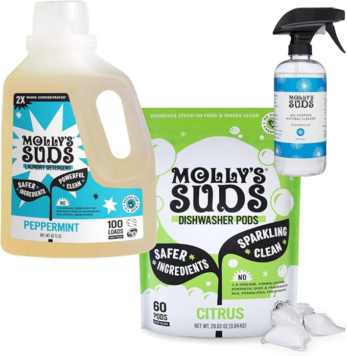 Molly's Suds Household Essentials Bundle | Comes with Citrus Dishwasher Pods, Peppermint Liquid Laundry Detergent, and 2-Pack Peppermint All Purpose Cleaner