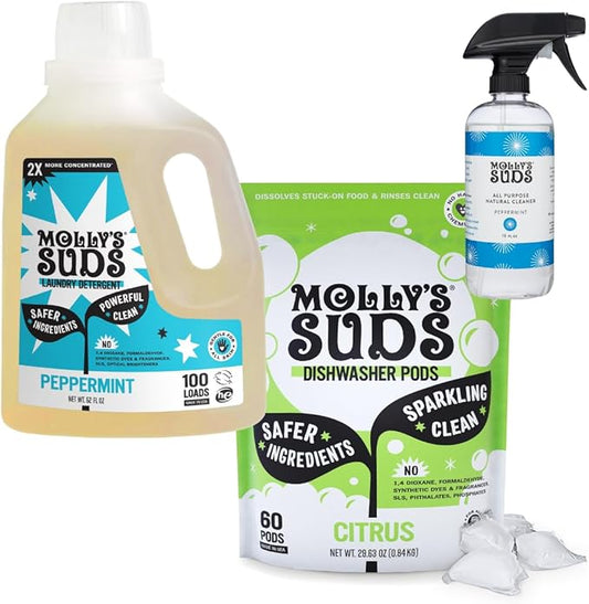 Molly's Suds Household Essentials Bundle | Comes with Citrus Dishwasher Pods, Peppermint Liquid Laundry Detergent, and 2-Pack Peppermint All Purpose Cleaner