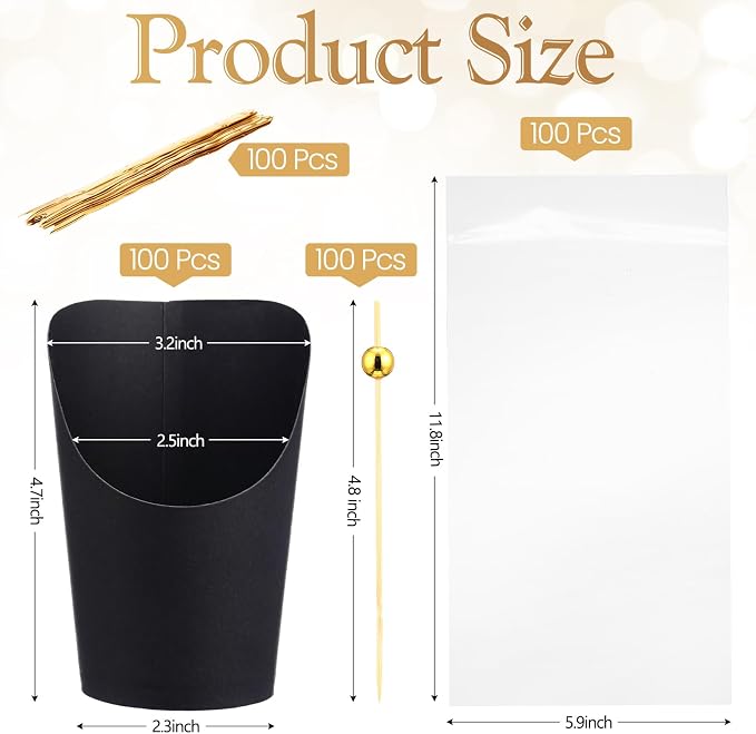 Bokon 100 Set 14 oz Charcuterie Cup with Stick and Bag, Disposable French Fries Snack Popcorn Dessert Fruit Holder for Birthday Wedding Graduation Party Supplies(Black)