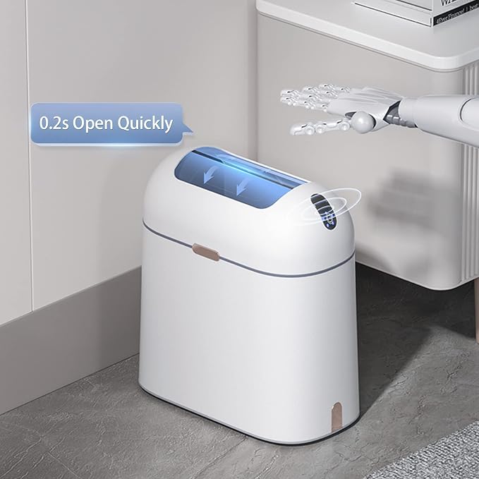 ELPHECO Bathroom Trash Can, 2.5 Gallon Motion Sensor Waterproof Trash Bin with Butterfly lid, Bathroom Decor Waste Basket Garbage Bin for Bedroom Kitchen and Office use, White with Golden Button
