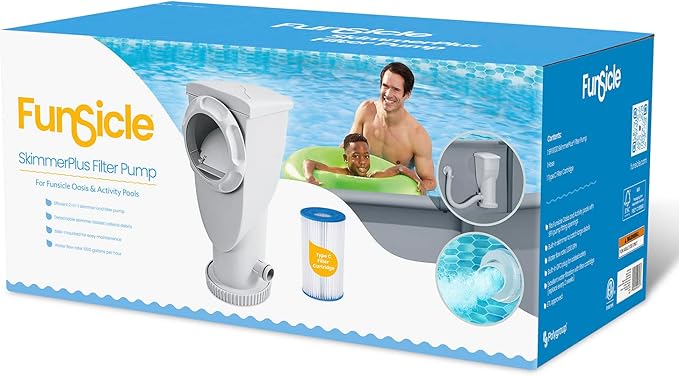 Funsicle SkimmerPlus 1000 GPH 2-in-1 Filter Pump and Skimmer System with Clamps and 1.5" Hose Fitting for Above Ground Swimming Pools