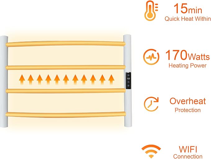 Electric Towel Rack with Voice Control for Alexa & Google Home,TUYA - Wall-Mounted Bathroom Heating Towel Warmer,Plug-in,Stainless Steel Material,16.54x23.62x5.51 in,White,4 Bars