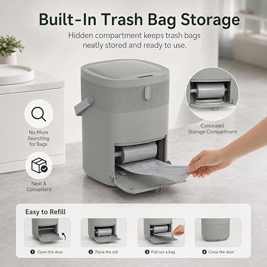 WM-DZT-12-36S Smart Motion Sensor Trash Can, Ultra-Quiet Soft-Close | Long Battery Life | Built-in Bag Storage & Portable PU Handle (Greyish Green)