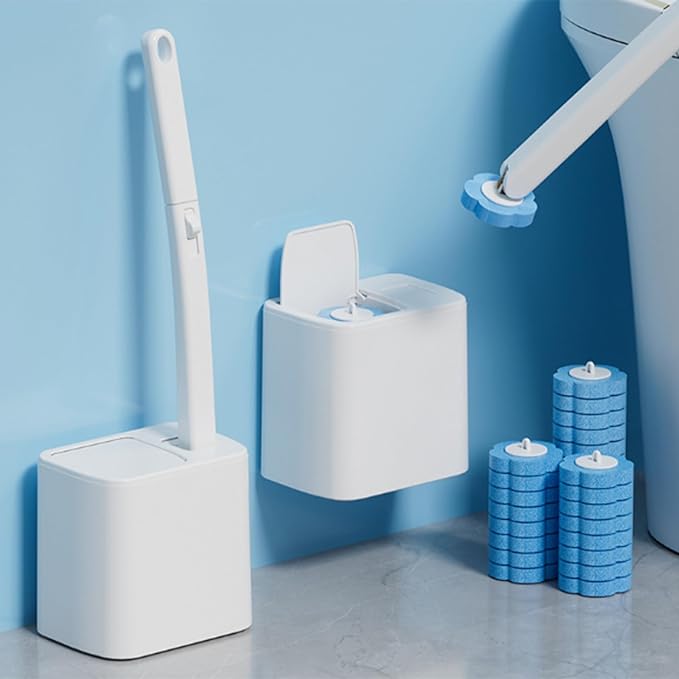 Disposable Brush with Holder & Refill Heads - Hygienic Sanitary Toilet Cleaner for Easy Cleaning, Streak-Free Fresh Bathroom, No Mess Disposable Toilet Bowl Cleaner Wand (1, White)