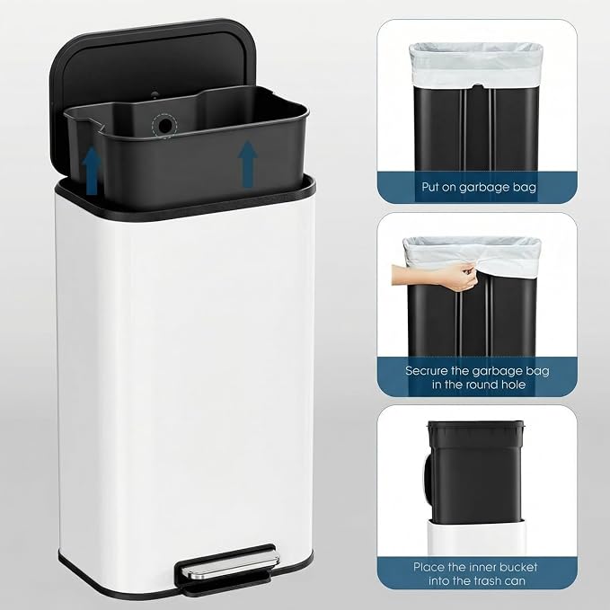 8 Gal/13.2 Gal Stainless Steel Kitchen Trash Can, Step Garbage Can with Soft-Close Lid & Removable Inner Bucket, Fingerprint-Proof Waste Bin with Wide Non-Slip Pedal for Home Office Bathroom