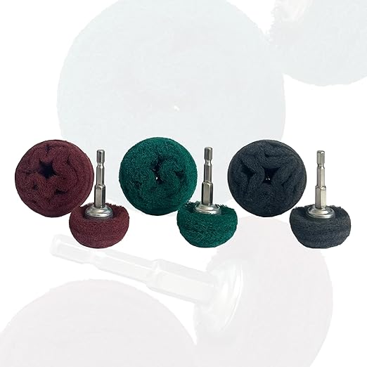 6PCS Non Woven Abrasive Buffing Polishing Wheel Drill Attachment Set,Scouring Pads Power Scrubber Cleaning Kit, Power-Operated Abrasive Wheels Red Green Gray 1/4” Hex Shank 320# 180# 800#