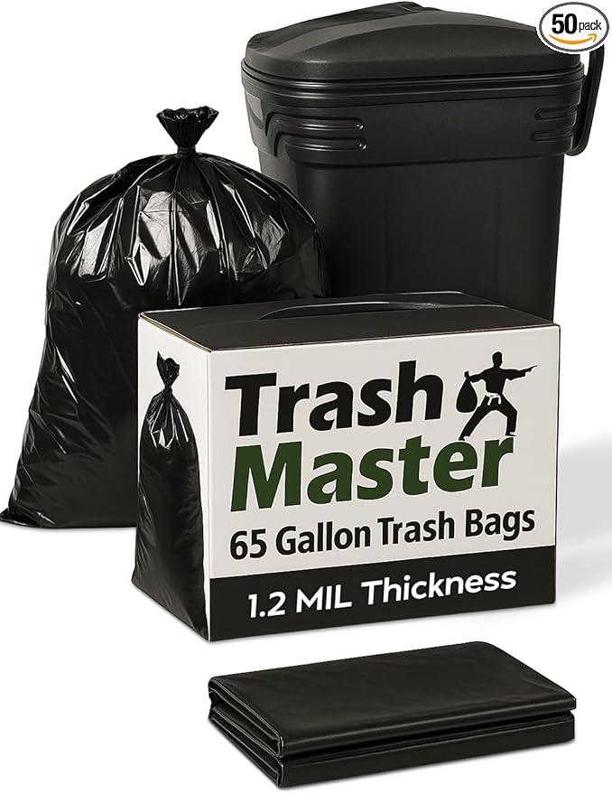 65 Gallon Trash Bags | 50 Bags with Ties | Thick for Large Commercial Jobs | Construction Clean Up | Garbage bags for Yard Clean up - TrashMaster