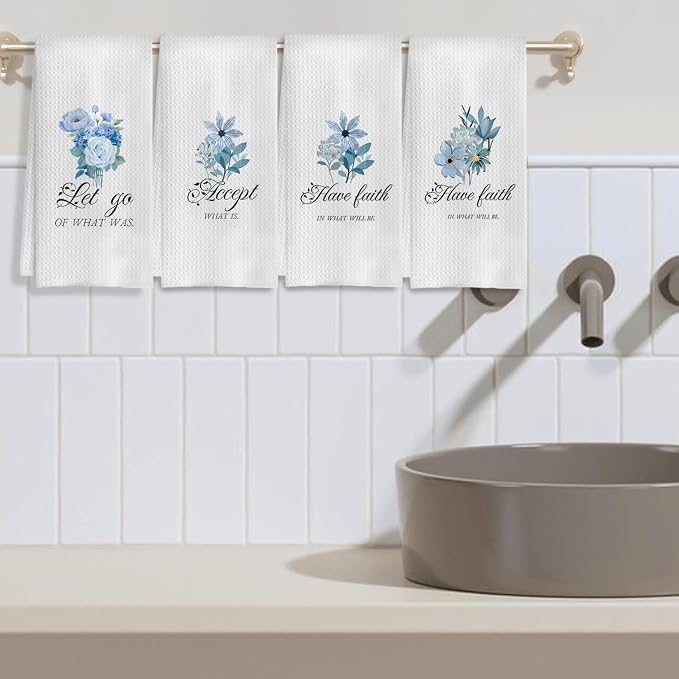 Blue Floral Christian Kitchen Towels, Inspirational Bible Verses Hand Towels for Bathroom Decor, Faith Based Gifts Dish Tea Towels for Kitchen Decor, 16x24 Inch Set of 4
