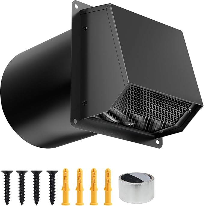 8 Inch Dryer Vent Cover Outside, Galvanized Steel Exterior Hooded Wall Vent Cover with Removable Screen & Cushioned Backdraft Flap, Exhaust Vent for House Through-Wall Dryer Vent Kit (Black - 8 Inch)