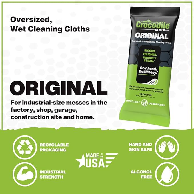 Crocodile Cloth Industrial Hand & Tool Cleaning Wipes - Heavy-Duty 10" x 15" Size Multi-Surface Cleaning Wipes, 10 Count Per Package. Water Based Solution with Extreme Cleaning Power. Safe on Skin.