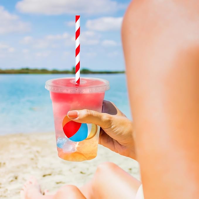 Whaline 50Pcs Beach Ball Disposable Plastic Cups with Lids and Straws 12Oz Summer Pool Ball Cold Beverage Drinking Cup for Beach Pool Birthday Party Supplies