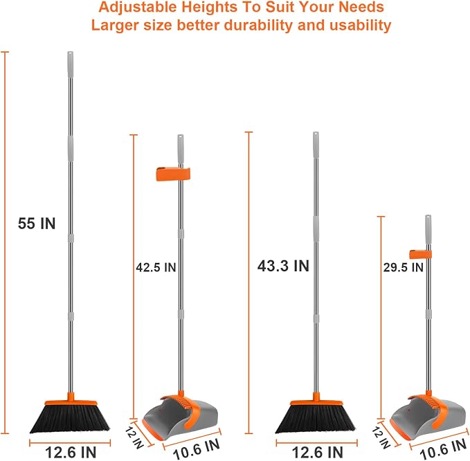 Broom and Dustpan Set, Large Broom with Dustpan Combo Set, 55" Long Handle Heavy Duty Industrial Dust pan Set for Classroom Lobby Home