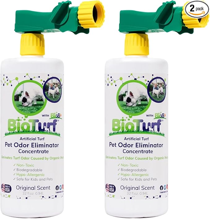 BioTurf BioS+ Turf Cleaner for Pet Urine Outdoor – Artificial Turf Cleaner Deodorizer Concentrate – Fake Grass & Yard Deodorizer for Dog Urine & Feces – Enzyme Kennel Odor Eliminator 32oz 2pk