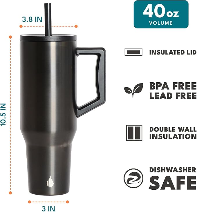 Elemental 40 oz Tumbler with Handle and Straw - Spill Proof Insulated Stainless Steel Commuter for Cold Beverages - Travel Coffee Mug with 2 Straws & Spill Proof Lid - 40oz- Gunmetal