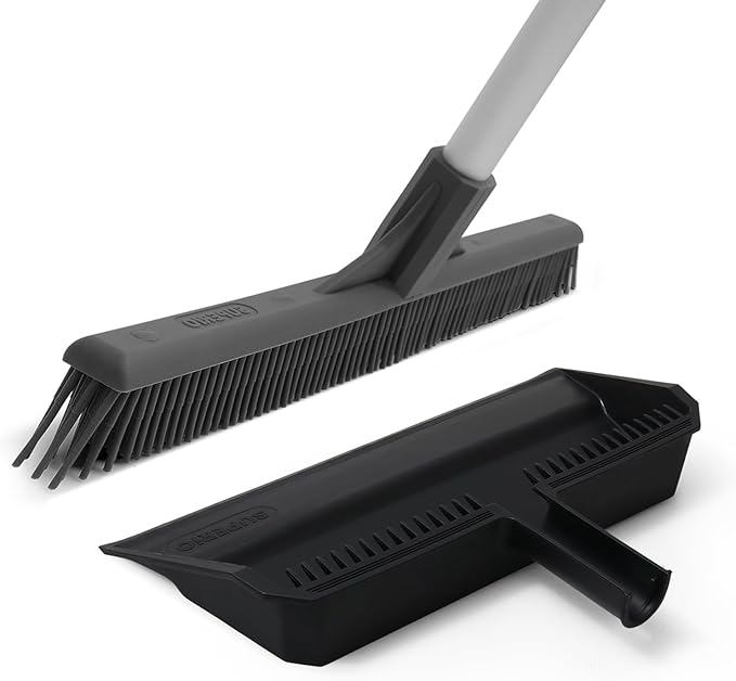 Superio 16 Silicone Pet Hair Remover Broom & 16 Dustpan with Comb, Rubber Lip & Clip - Carpet Rake Floor Cleaning Set for Carpet, Hardwood & Tile - Removes Fur, Dust & Debris