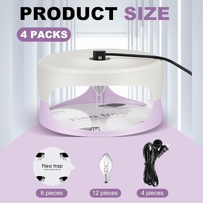 4 Packs Flea Traps for Inside Your Home with 8 Sticky Disc 12 Bulbs 4 Electric Wires Flea Killer Indoor Bed Bug Light Trap for Home Indoor Safe to Pets(White, Purple)