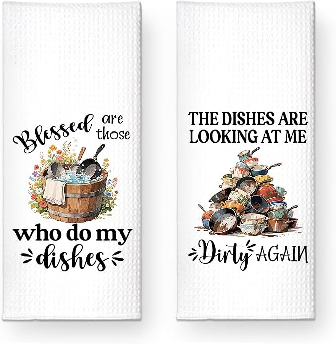 The Dishes are Looking at Me Dirty Again Kitchen Towels 2 Pack, Kitchen Towels Set, Funny Kitchen Towels with Saying, New Home Housewarming Gifts for Wife Neighbor Friends