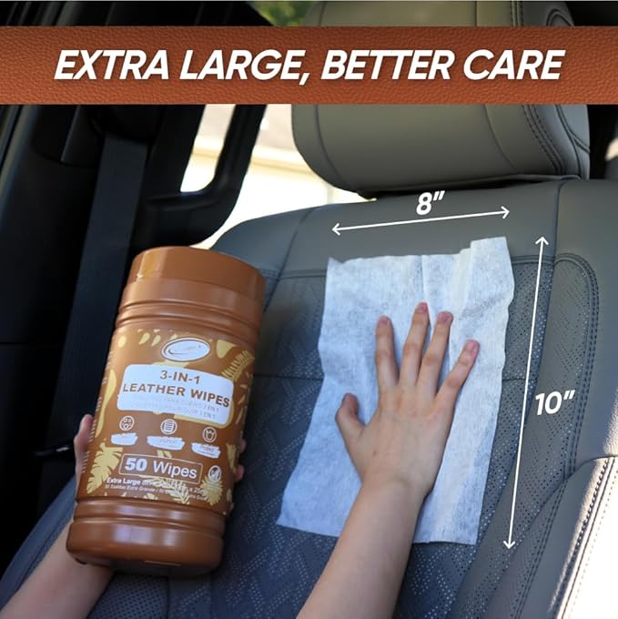 Air Jungles 3in1 Leather Wipes 50 Count (Pack of 3), Extra Large 8" x 10" Size, Clean Condition Protect Wipes for Leather Car Seat, Furniture Couch, Shoes Boots Bags Purse Apparel