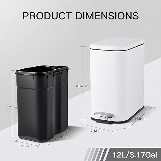 GlowSol Bathroom Trash Can with Lid, 3.2 Gallon 12 L Stainless Steel Step Trash Can with Removable Liner Bucket, Slim Small Wastebasket for Toilet Bedroom Office, White