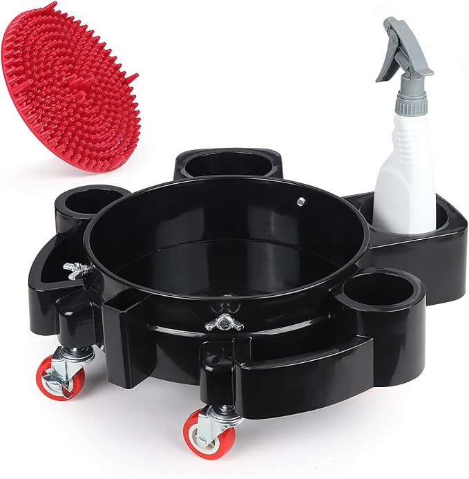 LCGP Bucket Dolly 5 Gallon Car Wash Professional Cleaning Bucket with Heavy Duty Wheeled Casters, Complimentary Strainer and Sprayer, Black