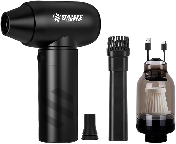 Barber Air Duster, 110000 RPM 2-in-1 Mini Aluminum Air Duster, Professional Hair Cleaning Tool for Barbers, Rechargeable Turbo Air Blower with Dust Filter, 2 Nozzles for Hair, Keyboard, PC