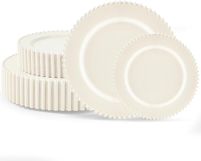 60PCS Ivory Plastic Plates - Beaded Ivory Disposable Plates - Premium Cream Plastic Plate Include 30 Dinner & 30 Dessert Disposable Plate for Birthday, Baby Shower Spring, Wedding & Party