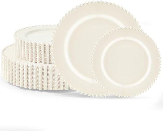 60PCS Ivory Plastic Plates - Beaded Ivory Disposable Plates - Premium Cream Plastic Plate Include 30 Dinner & 30 Dessert Disposable Plate for Birthday, Baby Shower Spring, Wedding & Party