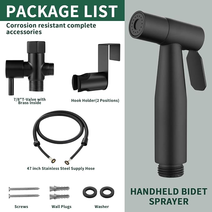 Matte Black Handheld Bidet Sprayer for Toilet, Solid Brass T-Valve & Stainless Steel Hose, Adjustable Pressure Cloth Diaper Sprayer Kit for Modern Bathroom (Easy Install)