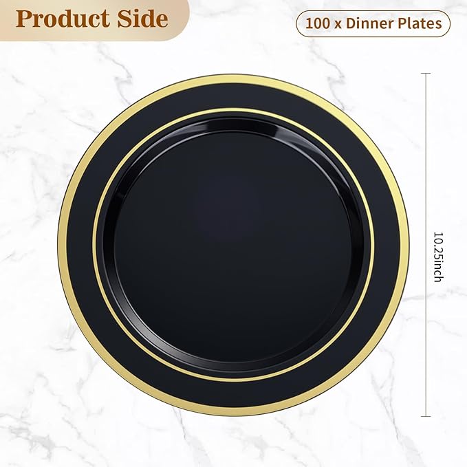 BESTVIP 100PCS Black Plastic Plates, 10.25 Inch Disposable Dinner Plate Party with Gold Rim for Christmas, Thanksgiving, Heavy Duty Disposable Plastic Plates for Party, Wedding and Birthday, Events