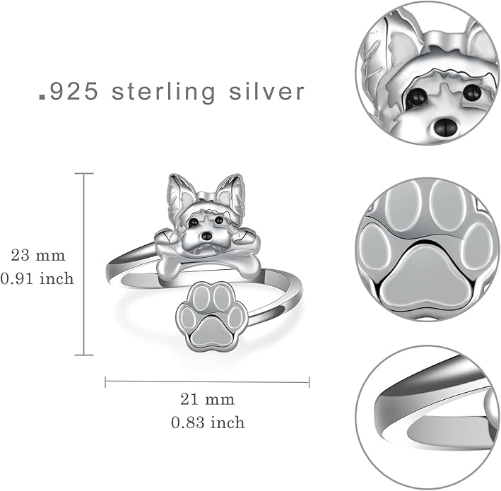 Dog Ring for Women Sterling Silver Yorkie/Pug Ring Dog Jewelry for Women