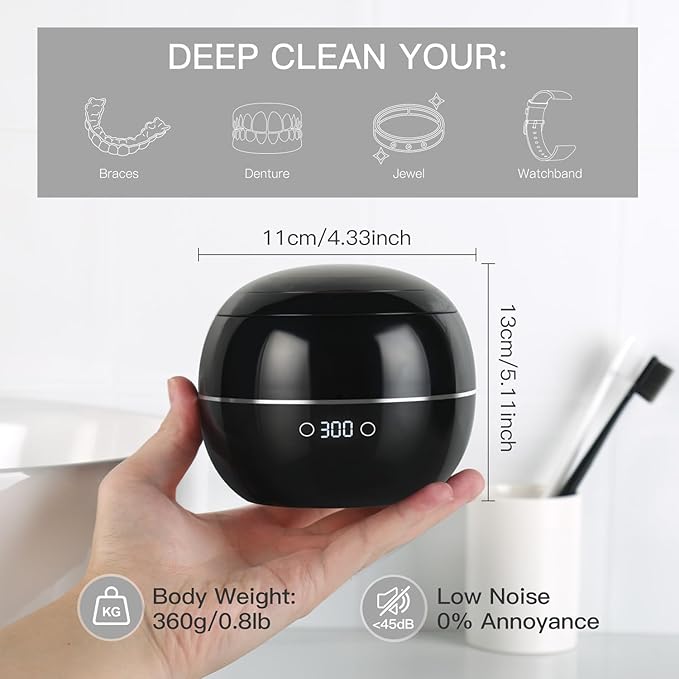 Dental Ultrasonic Retainer Cleaner Machine: 45kHz Dental Cleaning Pod for Denture, Aligner, Mouth Guard, Night Guard, Braces & Jewelry, UV Denture Cleaner with Digital Timer & Dual Mode 250ML Black