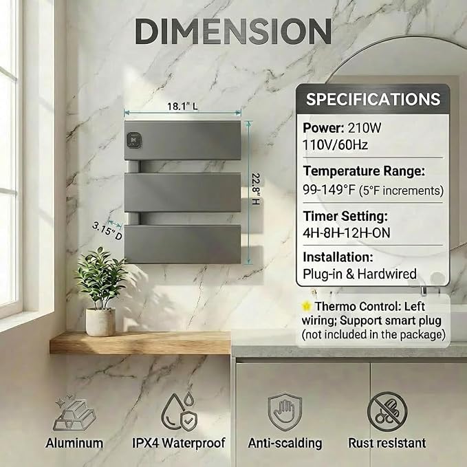 L Series Electric Towel Warmer for Bathroom, 3 Panel, Gun Gray | Thermo Control and Timer, Fast Heat in 3 Mins, Dry Towels in 4 hrs, Memory Function, Work with Smart Plug, Left-Wiring
