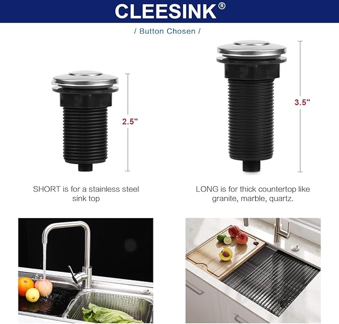 CLEESINK Garbage Disposal Switch, Cordless Air On Off Kit for Food Waste Disposer, Stainless Steel Polished, SHORT 2.5" Sink Top Push Button