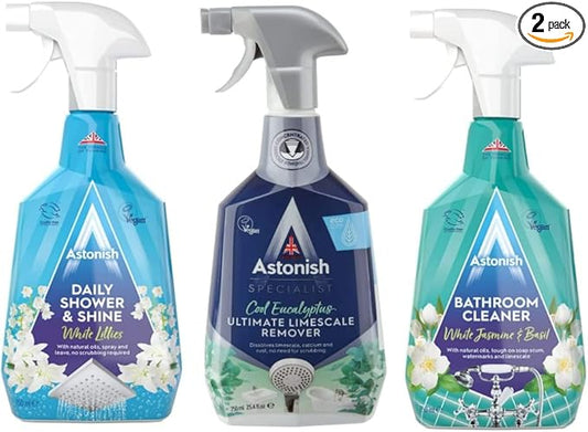 Astonish Sparkling Bathroom Bundle - Includes Daily Shower Shine Cleaning Spray (White Lilies Scent), Ultimate Limescale Remover (Cool Eucalyptus) & Streak Free Foaming Bathroom Cleaner (750ml each)