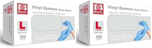 Jointown Basic Medical Synmax Vinyl Exam Gloves - Latex-Free & Powder-Free - Large, BMPF-3003 Blue Box of 100 (Pack of 2)