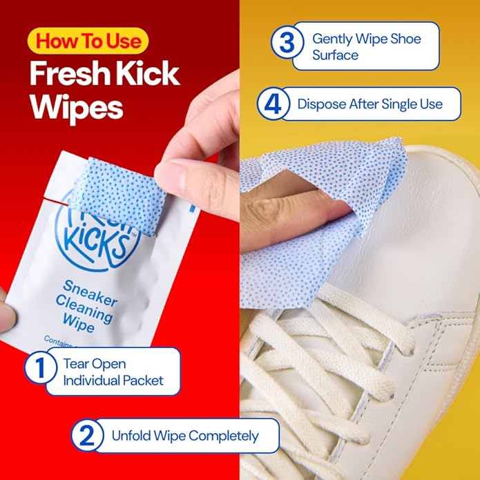 FRESH KICKS Sneaker Wipes Cleaner – 25 – Pack Quick Wipes for Sneakers On-the-Go – Safe on Leather, Suede & White Shoes – Shoe Cleaning Wipes Remove Dirt & Stains – Travel Shoe Cleaner Kit Essential