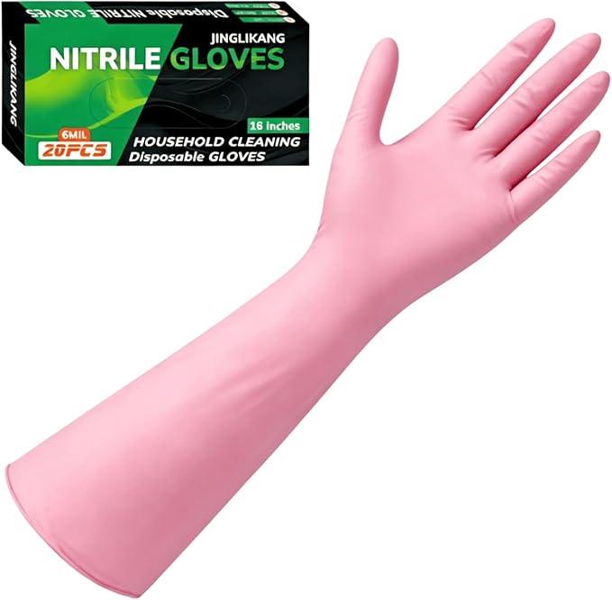16 inch Nitrile Disposable Gloves Long Sleeved Blue 6Mil Durable Waterproof Latex Free Cleaning Dishwashing 50PCS