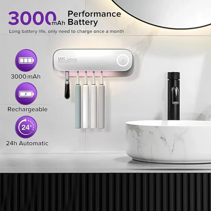 UV Toothbrush Holders Wall Mounted Toothbrush Sanitizer Cleaner 5 Slots with Heating and Fan Drying Smart Home Bathroom Accessories Cordless & No Drilling