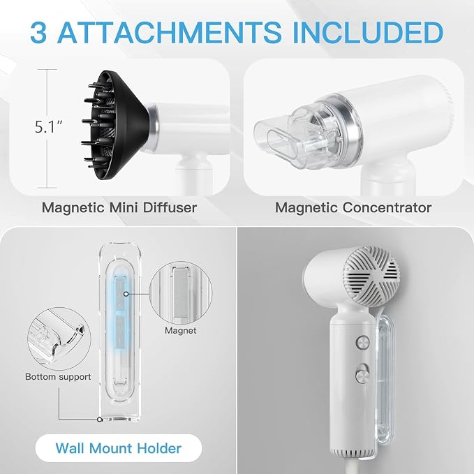 Hair Dryer, Webeauty Travel Mini High-Speed 200 Million Negative Ions Blow Dryer with Diffuser, 110,000RPM Brushless Motor for Fast Drying, Lightweight Portable Hairdryer for Women, No Heat Damage