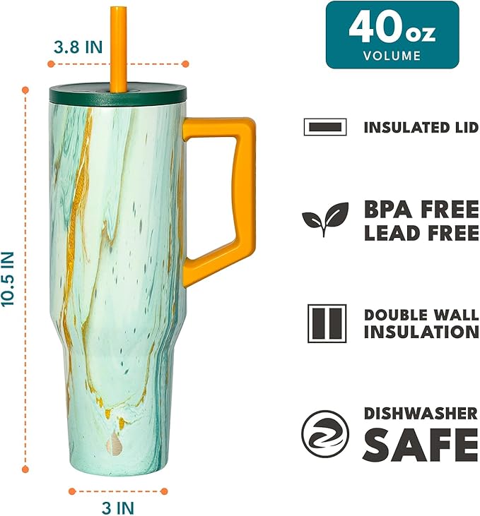Elemental 40 oz Tumbler with Handle and Straw - Spill Proof Insulated Stainless Steel Commuter for Cold Beverages - Travel Coffee Mug with 2 Straws & Spill Proof Lid - 40oz - Aurora Glow
