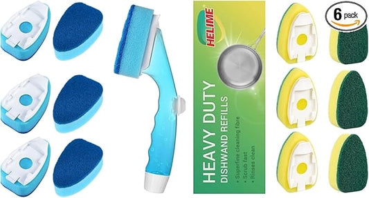 Non Scratch Dishwand Refills Handle, Dish Wand Refill Pack, 6 Heavy Duty Replacement Sponge Heads Set, Soap Dispenser Scrubbers, Dishwashing Scrub Dispensing Brush Pads, Dishwasher Cleaning Tool kit