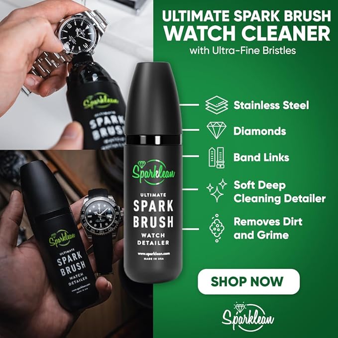 Sparklean SparkBrush Watch Cleaning Brush + Diamond Ring Cleaning Kit · Pre-Filled Solution · 200+ Cleans · Ammonia-Free pH-Balanced · Steel Gold Ceramic Titanium Rubber · Made in USA Since 2000