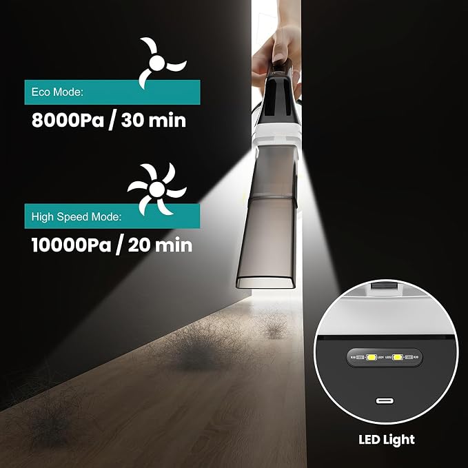 Handheld Vacuum Cordless Vacuum Cleaner for Pet Hair & Car, 8000Pa Powerful Suction, Portable Car Vacuum with LED Light, 25 Min Runtime & 600ML Dustbin