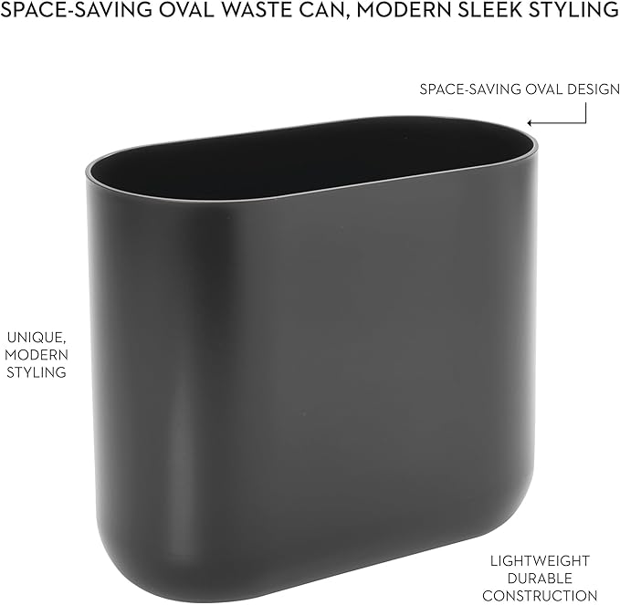 iDesign Small Slim Plastic Bathroom Trash Can, Garbage Can for Bedroom, Office, Desk, Dorm, 2-Pack, Gray