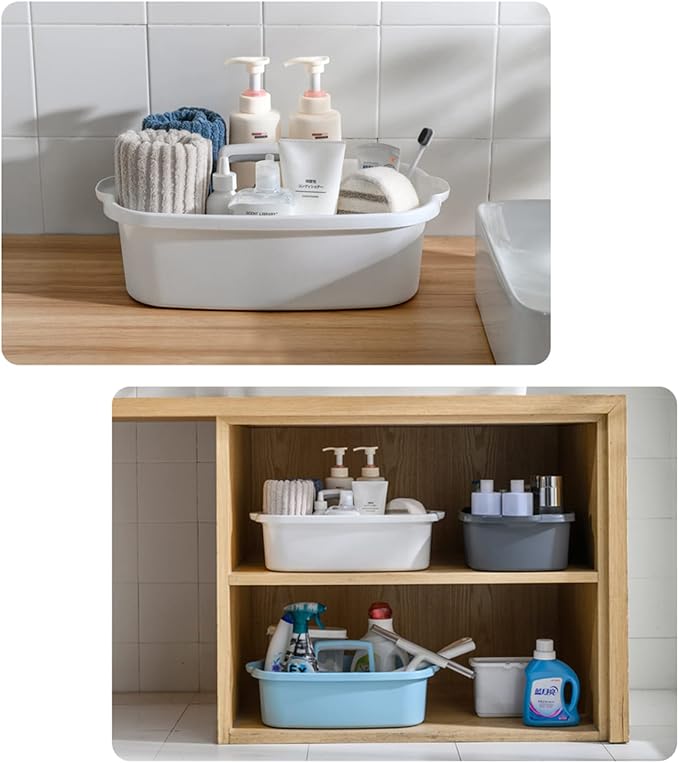 JiatuA Large Cleaning Supplies Organizer with Handle Portable Shower Caddy Basket Plastic Bucket Tool Storage for Bathroom, Bedroom, Kitchen, College Dorm, Under Sink, Garden, White & Light Grey