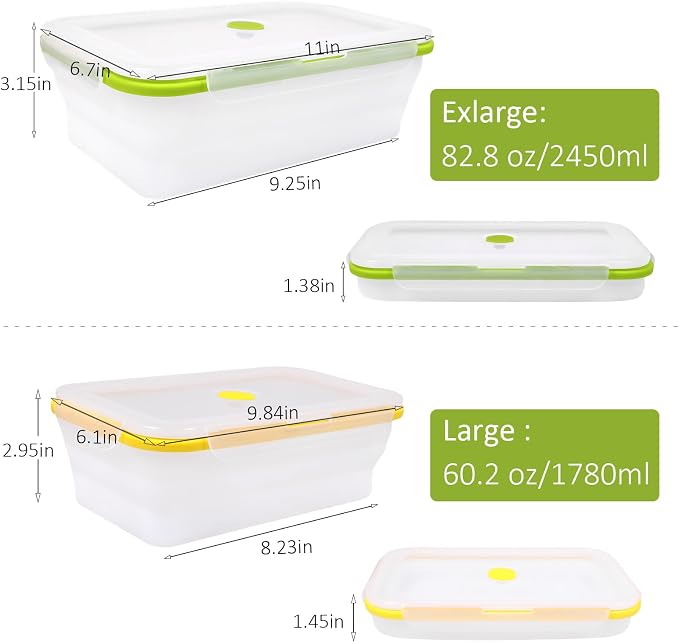 Set of 2 Extra Large Translucent Collapsible Silicone Food Storage Containers With Lids,82.8oz + 60.2oz Meal Prep Bento Lunch Boxes, Durable, Microwave,Dishwasher and Freezer Safe,BPA Free